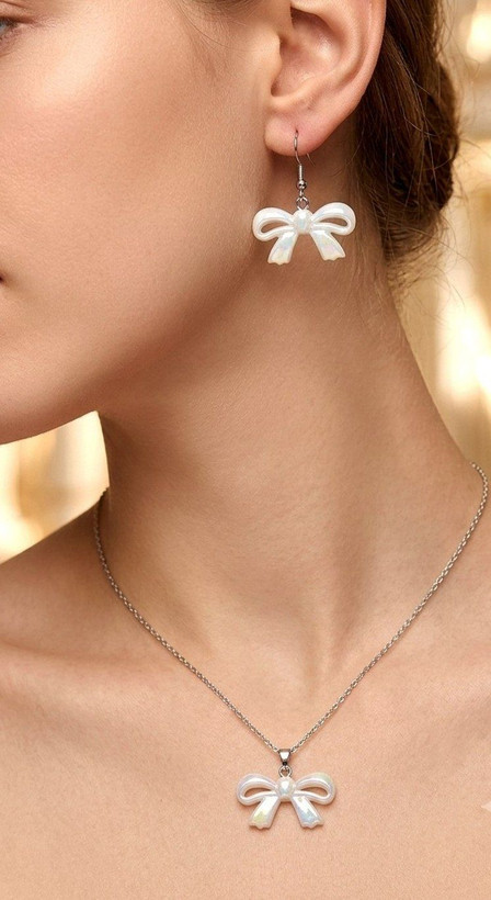 نیم ست پاپیونی آبنباتی ترند و تابستونی گوشواره و گردنبند رنگ ثابت طلایی نقره ای سفید صورتی پر فروش